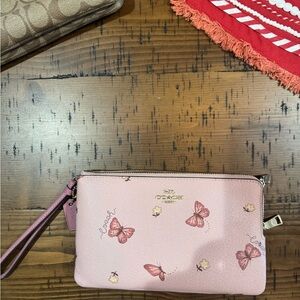 Coach wristlet dual zippers pink  butterflies 8x5